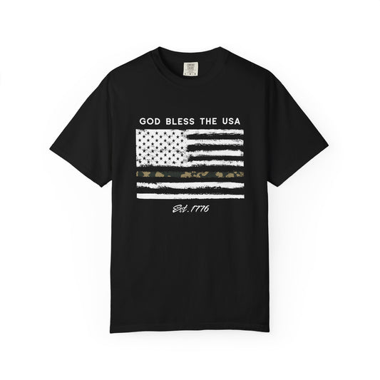God Bless the USA Camo Flag T-Shirt — "Est. 1776" Patriotic Tee