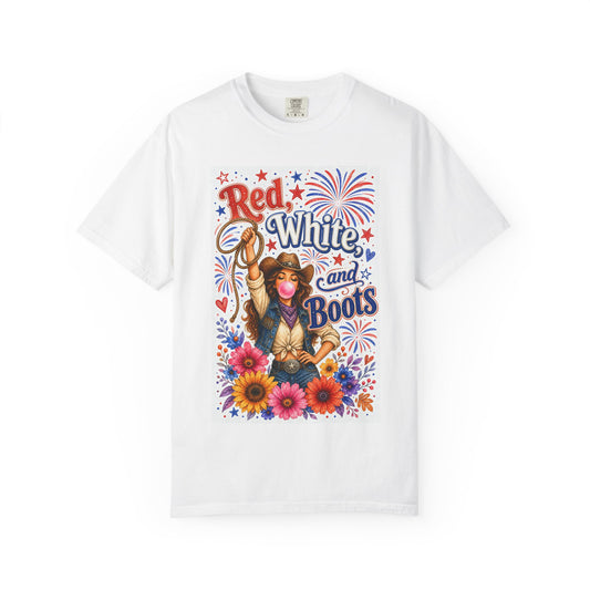 Red White and Boots T-Shirt — Patriotic Cowgirl Fourth of July Tee