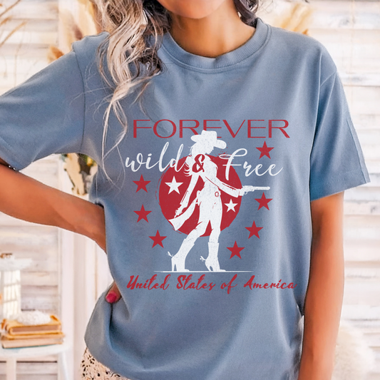 USA Shirt Forever Wild & Free Comfort Colors T-Shirt 4th of July Tee Americana T Shirt Patriotic Gifts Fourth-of-July Tee Cowgirl Shirt West