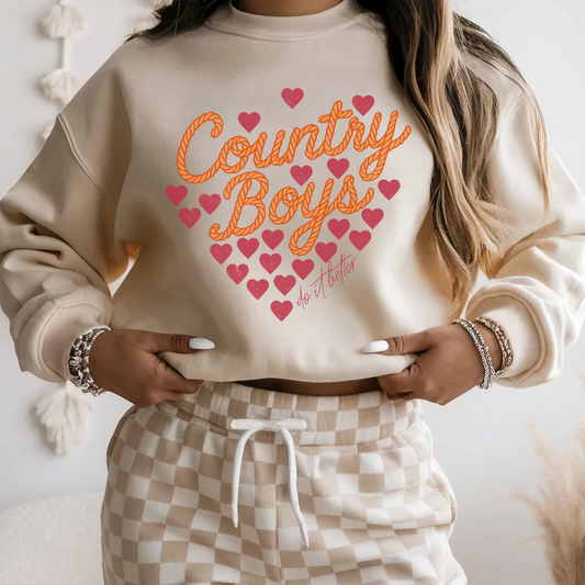 Country Boys Love Sweatshirt Cozy Gift for Her Heart Crewneck Sweatshirt Artful Vintage Country Gift Western Style Lasso Design Line Dancing