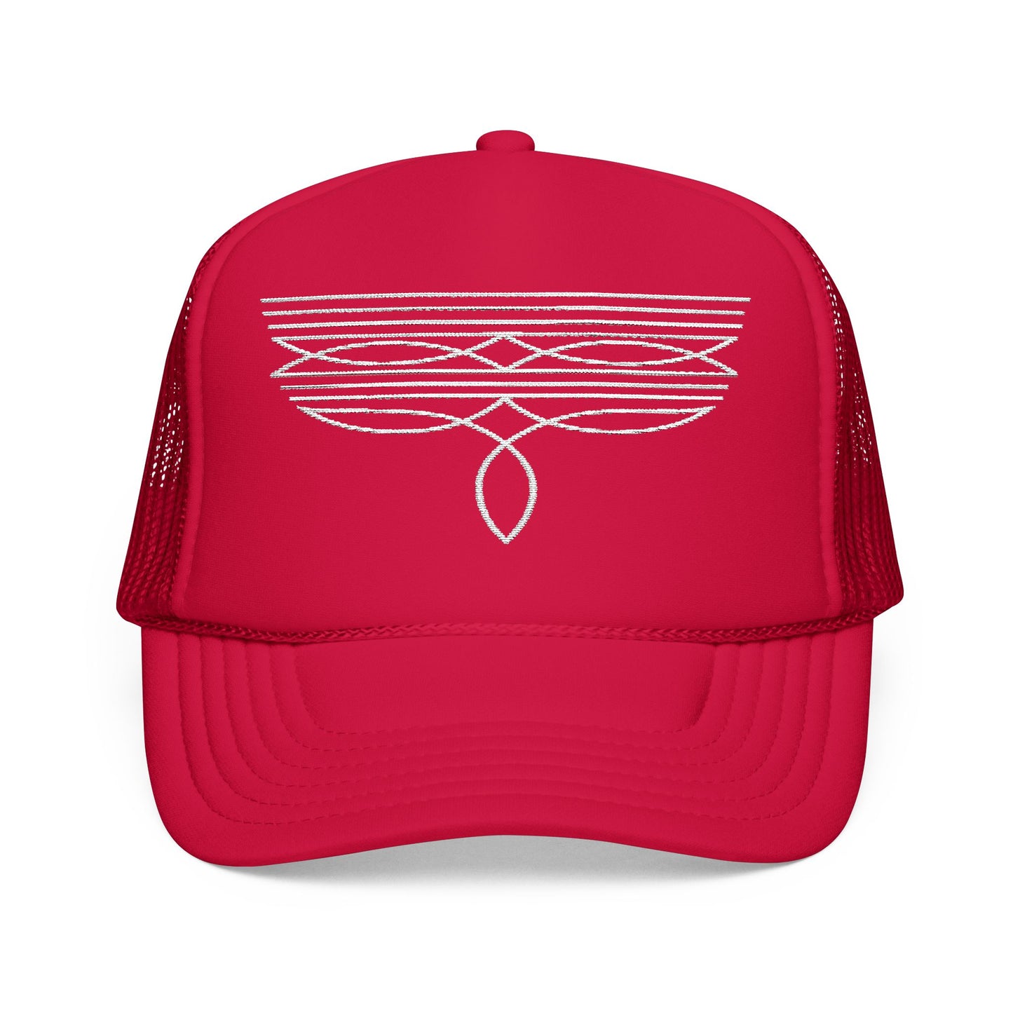 Red trucker cap with white geometric  boot stitch design on a white background