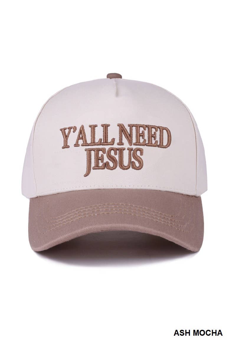 Cap with 'Y'all Need Jesus' text on a white background